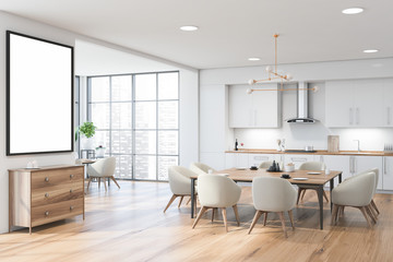 Panoramic white kitchen interior with poster