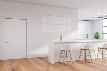 White pub corner with bar counter and stools