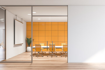 Yellow meeting room in white office hall