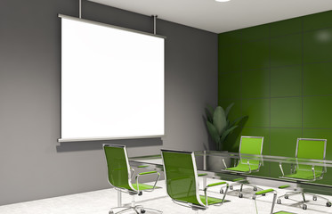 Mock up screen in green and gray meeting room