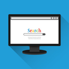 Web browser element on monitor screen with search engine interface bar template. Internet and online page, vector illustration