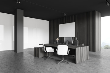 Dark wood and white CEO office corner with poster