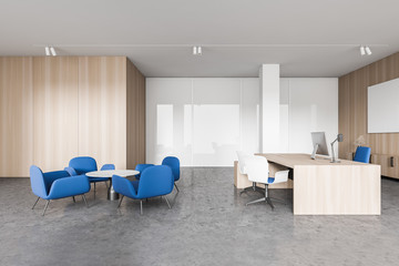 White CEO office with lounge, side view