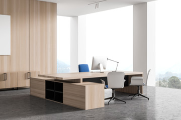 Panoramic white and wooden CEO office corner