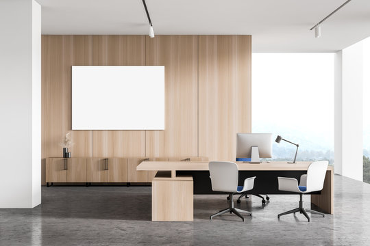 Wooden and white CEO office interior with poster