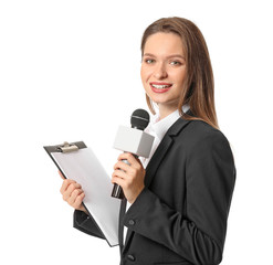 Female journalist on white background
