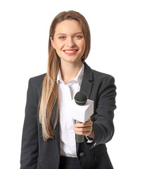 Female journalist on white background