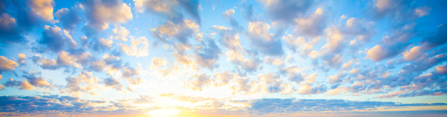 Beautiful blue sky clouds background. Landscape with clouds and sun on sky