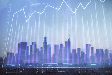 Forex chart on cityscape with skyscrapers wallpaper double exposure. Financial research concept.