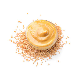 Obraz na płótnie Canvas Bowl of tasty honey mustard sauce on white background