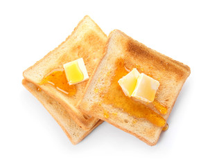 Tasty toasted bread with honey and butter on white background