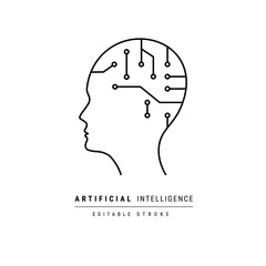 Artificial Intelligence vector icon. Head AI line outline thin flat design sign. EDITABLE STROKE