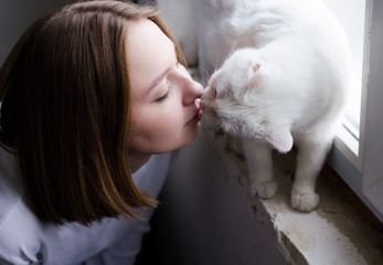 portrait of a young beautiful girl in a white sweater on a white background with a cute white cat in her arms. Kitten enjoys being in girls arms.