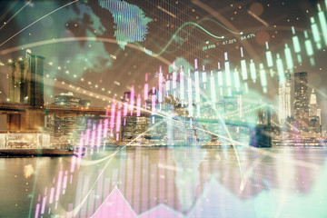 Financial chart on city scape with tall buildings background multi exposure. Analysis concept.