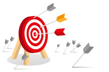 Many arrows missed hitting target mark. Shot miss. Multiple failed inaccurate attempts to hit archery target. Business infographic challenge failure metaphor. Flat cartoon isolated vector illustration