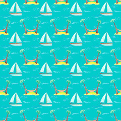 Hand drawn blue watercolor sailboat on the waves and desert island with palms and hammock seamless pattern on turquoise background. Summer endless print. Vacation wallpaper.