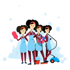 Obraz premium A team of cleaning girls on a background of soap suds. Cleaning company. Vector illustration.