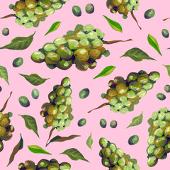 Green grapes on a branch juicy bright fruit seamless pattern. Manual illustration in gouache. Design for wallpaper, background, fabric, textile, cafe, restaurant, resort, exotic, packaging.