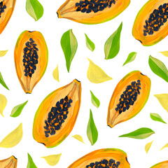 Papaya juicy bright fruit seamless pattern. Manual illustration in gouache. Design for wallpaper, background, fabric, textile, cafe, restaurant, resort, exotic, packaging.