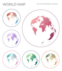 Low Poly World Map Set. Azimuthal equidistant projection. Collection of the world maps in geometric style. Vector illustration.