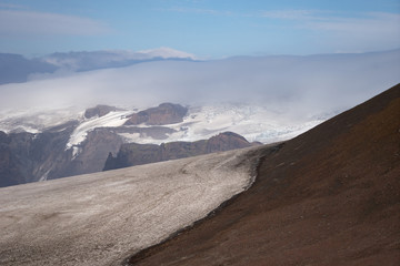 Beautiful landscape with glacier on the Fimmvorduhals trail of summer sunny day, Iceland