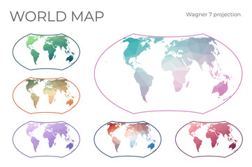 Low Poly World Map Set. Wagner VII projection. Collection of the world maps in geometric style. Vector illustration.