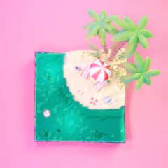 Piece of a tropical island with sea, deck chairs under the beach umbrella on a beach. Travel concept 3d illustration.