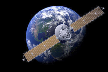 Space satellite communication in orbit around Earth globe. 3d render orbital sputnik illustration. Elements of this image are furnished by NASA.