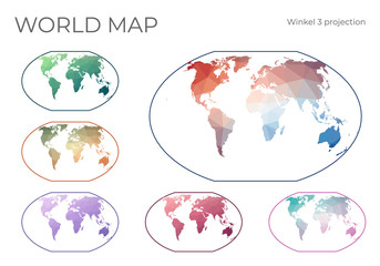 Low Poly World Map Set. Winkel tripel projection. Collection of the world maps in geometric style. Vector illustration.