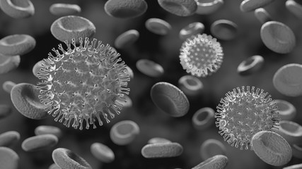 Coronavirus COVID-19 flu outbreak. Microscopic view of floating influenza virus cells in blood. Dangerous asian ncov corona virus. 3d medical illustration.