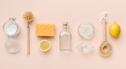 Flat lay composition with eco-friendly natural cleaners