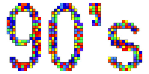 90s - colorful pixel inscription. Figures from squares of different colors. Nostalgia for the 90s, computer 8-bit games. Element for apps, posters, banners, flyers, cards and prints on clothing.