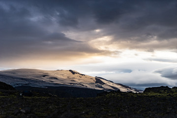 Beautiful landscape with glacier on the Fimmvorduhals trail during sunset, Iceland