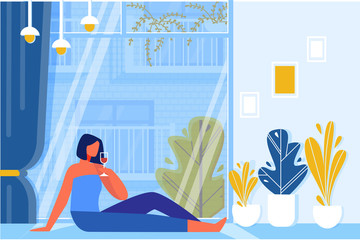 Woman Drinking Wine Glass Sitting on Floor near Big Window Flat Cartoon Vector Illustration. Relaxation in Evening in Living Room. Glass Wall with Curtains. Rest after Work. Romantic Mood.