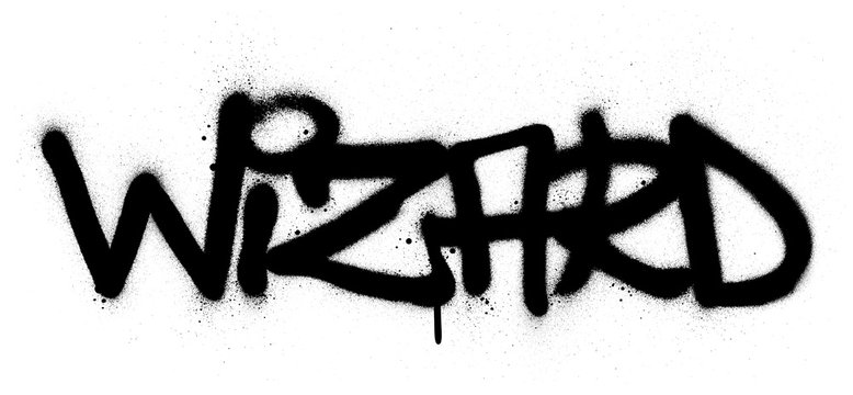 graffiti wizard word sprayed in black over white
