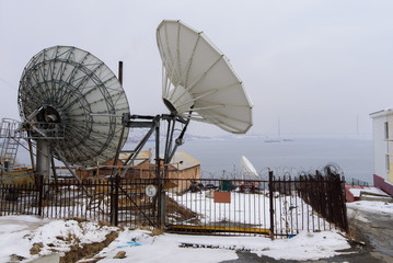 Receiver plate Satellite dish. Military communication. Vladivostok, Russia.