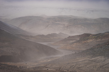 Volcanic landscape during ash storm on the Fimmvorduhals hiking trail. Iceland