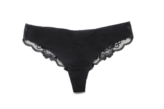 Black satin panties with lace isolated on white background.Women's underpants on white background.Basic black lingerie,top view.
