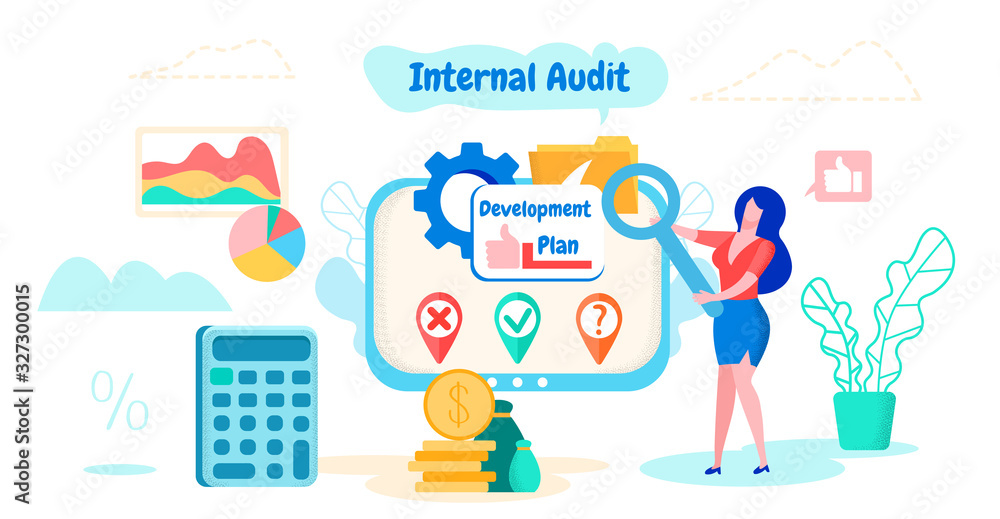 Aufkleber woman considering development plan. internal audit. profit increase statistics. woman reviews statis