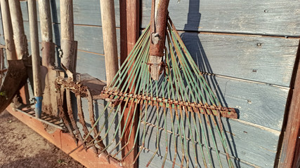 Fototapeta premium attrezzi per orto appesi a un capanno di legno