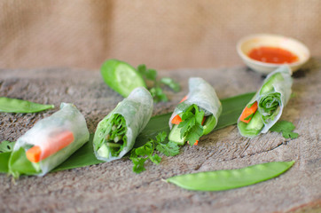 Vegetarian rice paper rolls carrot, cucumber, purple cabbage, green bean