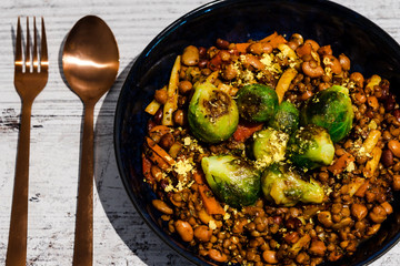 vegan brussel sprouts and baked beans with mixed veggies