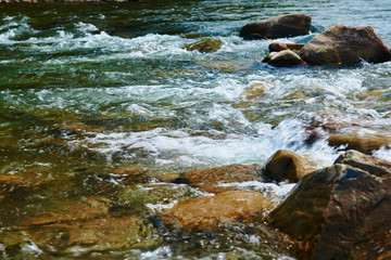 landscape, beautiful view of mountain river in summer day, fast flowing water and rocks, wild nature