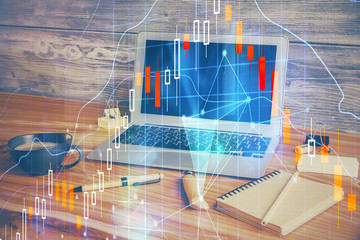 Multi exposure of forex graph and work space with computer. Concept of international online trading.