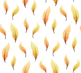 Feathers pattern, gouache painted Easter feathers seamless spring pattern in yellow, orange and white