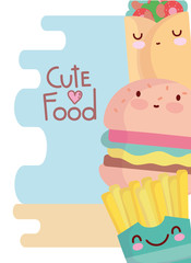 burger burrito and french fries menu character cartoon food cute