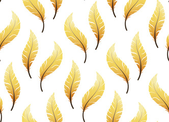 Feathers pattern, gouache painted Easter feathers seamless spring pattern in yellow, orange and white