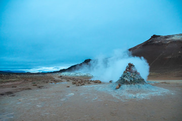 Hverir volcano in Iceland sulfuric smoker emitting hot steam