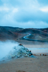 Hverir volcano in Iceland sulfuric smoker in front of Road 1