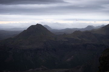 Mountain peak with and clouds on the laugavegur Hiking trail close to Thorsmork